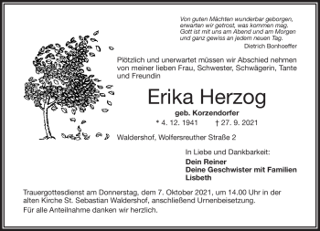 Traueranzeige von Erika Herzog von Frankenpost