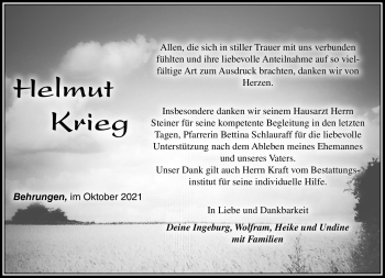 Traueranzeige von Helmut Krieg von Südthüringer Presse