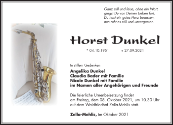 Traueranzeige von Horst Dunkel von Südthüringer Presse