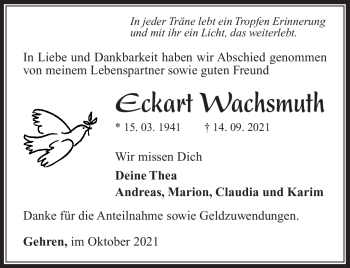 Traueranzeige von Eckart Wachsmuth von Südthüringer Presse