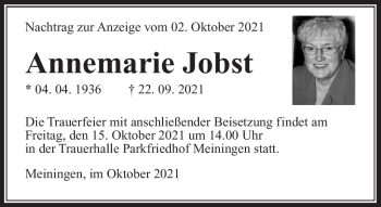 Traueranzeige von Annemarie Jobst von Südthüringer Presse