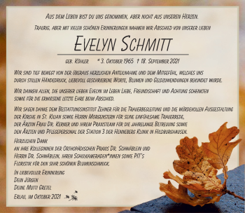 Traueranzeige von Evelyn Schmitt von Südthüringer Presse