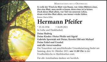 Traueranzeige von Hermann Pfeifer von Frankenpost