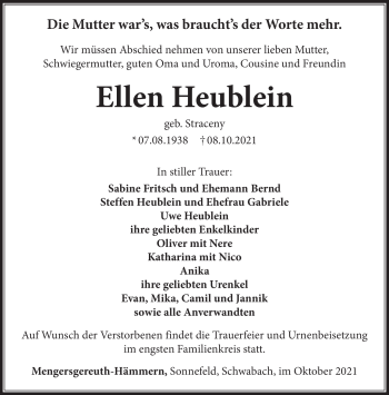 Traueranzeige von Ellen Heublein von Südthüringer Presse