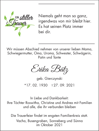 Traueranzeige von Erika Bätz von Südthüringer Presse