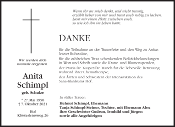 Traueranzeige von Anita Schimpl von Frankenpost