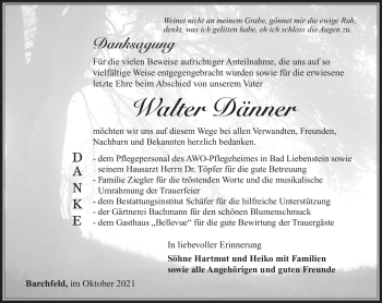 Traueranzeige von Walter Dänner von Südthüringer Presse