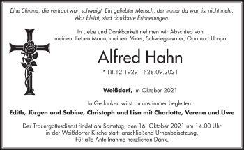 Traueranzeige von Alfred Hahn von Frankenpost