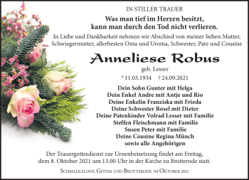 Traueranzeige von Anneliese Robus von Südthüringer Presse
