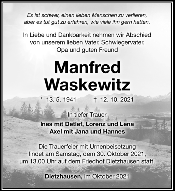 Traueranzeige von Manfred Waskewitz von Südthüringer Presse