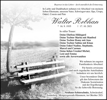 Traueranzeige von Walter Rebhan von Südthüringer Presse