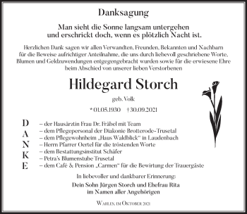 Traueranzeige von Hildegard Storch von Südthüringer Presse