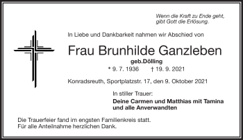 Traueranzeige von Brunhilde Ganzleben von Frankenpost