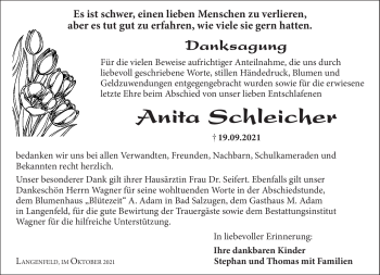 Traueranzeige von Anita Schleicher von Südthüringer Presse