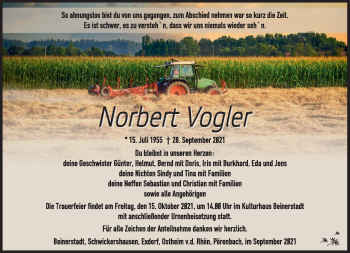 Traueranzeige von Norbert Vogler von Südthüringer Presse