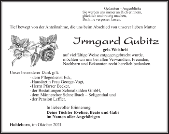 Traueranzeige von Irmgard Gubitz von Südthüringer Presse