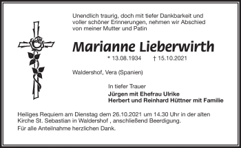 Traueranzeige von Marianne Lieberwirth von Frankenpost