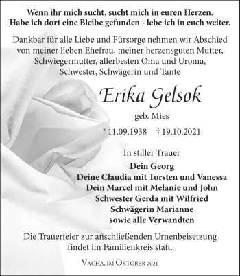 Traueranzeige von Erika Gelsok von Südthüringer Presse