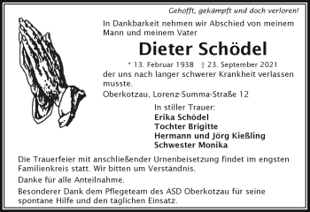 Traueranzeige von Dieter Schödel von Frankenpost