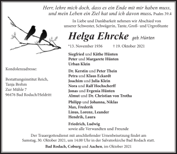 Traueranzeige von Helga Ehrcke von Südthüringer Presse