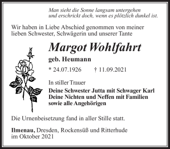 Traueranzeige von Margot Wohlfahrt von Südthüringer Presse