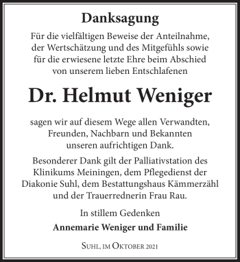 Traueranzeige von Helmut Weniger von Südthüringer Presse