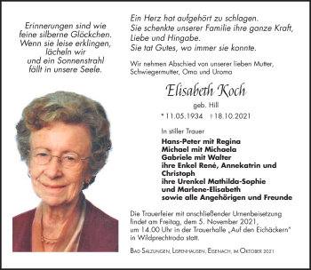 Traueranzeige von Elisabeth Koch von Südthüringer Presse
