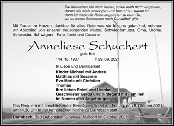 Traueranzeige von Anneliese Schuchert von Südthüringer Presse