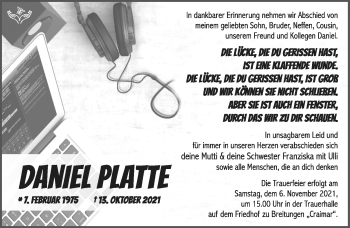 Traueranzeige von Daniel Platte von Südthüringer Presse