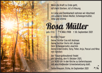 Traueranzeige von Rosa Müller von Südthüringer Presse