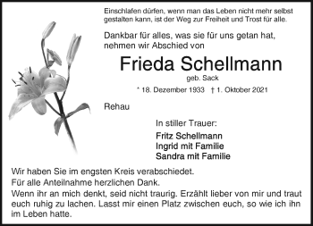Traueranzeige von Frieda Schellmann von Frankenpost