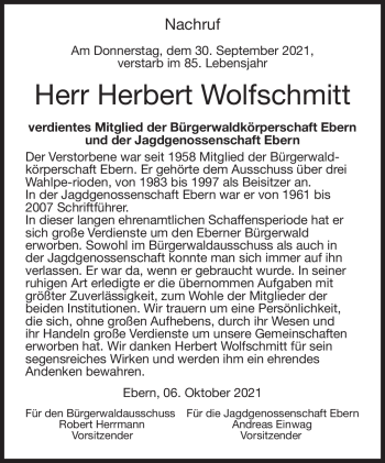 Traueranzeige von Herbert Wolfschmitt von Neue Presse Coburg