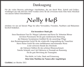 Traueranzeige von Nelly Heß von Südthüringer Presse