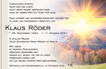 Traueranzeige von Klaus Röder von Südthüringer Presse