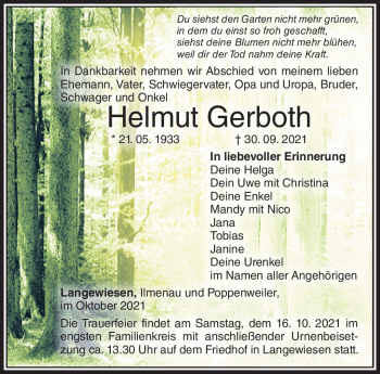 Traueranzeige von Helmut Gerboth von Südthüringer Presse