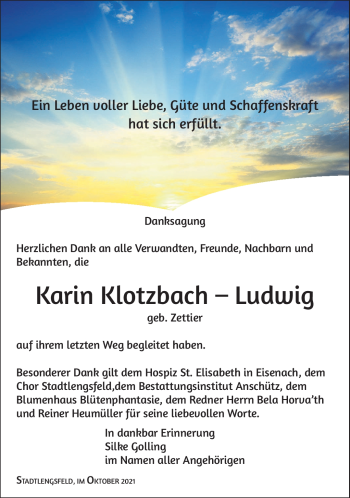Traueranzeige von Karin Klotzbach-Ludwig von Südthüringer Presse