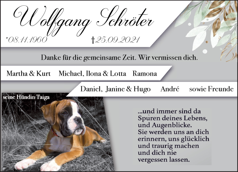  Traueranzeige für Wolfgang Schröter vom 07.10.2021 aus Südthüringer Presse