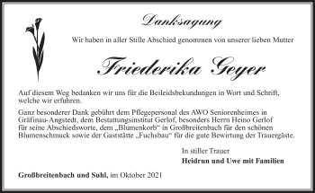 Traueranzeige von Friederika Geyer von Südthüringer Presse