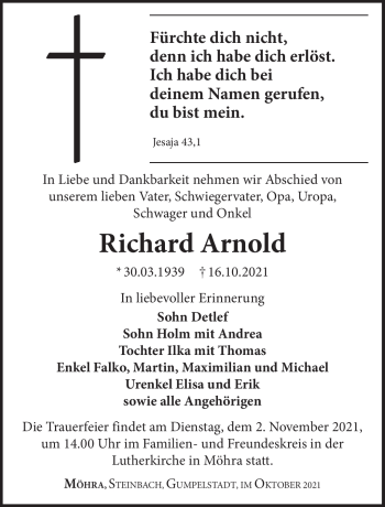 Traueranzeige von Richard Arnold von Südthüringer Presse