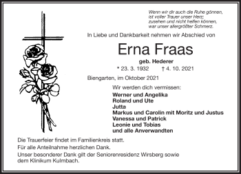 Traueranzeige von Erna Fraas von Frankenpost