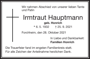 Traueranzeige von Irmtraut Hauptmann von Frankenpost