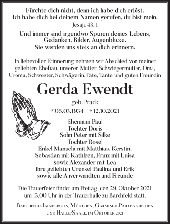 Traueranzeige von Gerda Ewendt von Südthüringer Presse