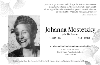 Traueranzeige von Johanna Mostetzky von Frankenpost