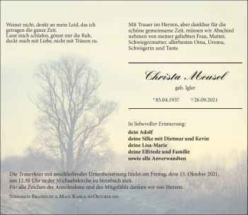 Traueranzeige von Christa Meusel von Südthüringer Presse