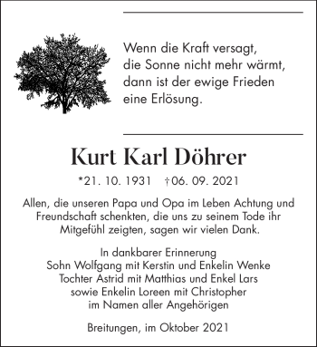 Traueranzeige von Kurt Karl Döhrer von Südthüringer Presse