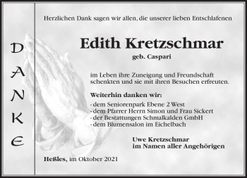 Traueranzeige von Edith Kretzschmar von Südthüringer Presse