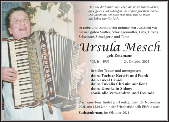 Traueranzeige von Ursula Mesch von Südthüringer Presse
