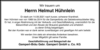 Traueranzeige von Helmut Hühnlein von Neue Presse Coburg