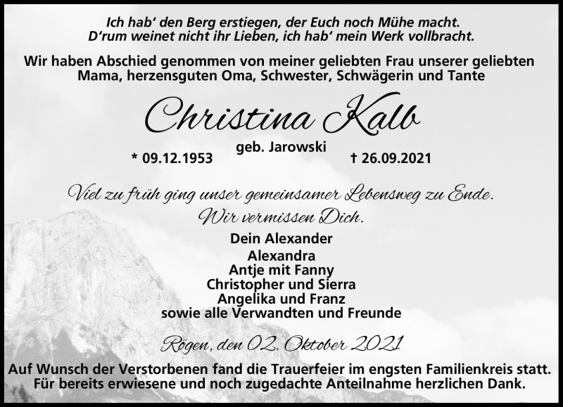  Traueranzeige für Christina Kalb vom 02.10.2021 aus Neue Presse Coburg