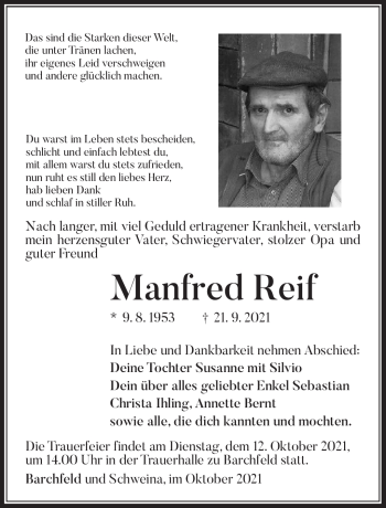 Traueranzeige von Manfred Reif von Südthüringer Presse